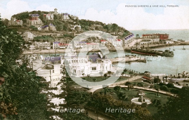 Princess Gardens and Vane Hill, Torquay, Devon, early 20th century.Artist: Ern Bishop