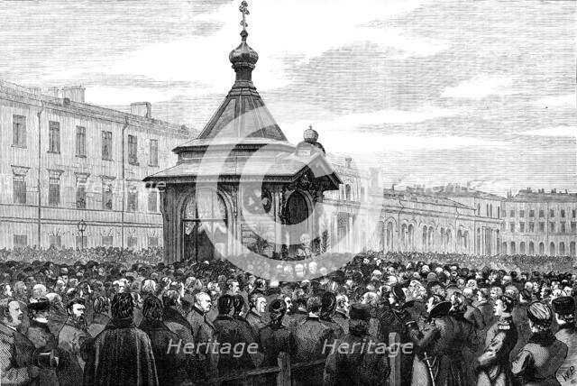 Consecrating the Memorial Chapel on the spot where the late Emperor of Russia was killed, 1881. Creator: W. P..