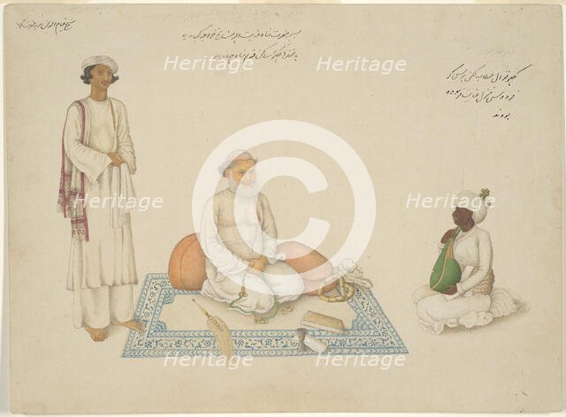Shah Inayat Allah of Sind with his Musician Makkhu and his Attendant Shaykh Qiyam..., c. 1820. Creator: Unknown.