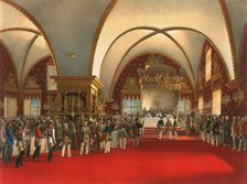 Coronation banquet in the hall of the Palace of the Facets in the Moscow Kremlin, 1856.  Artist: Georg Wilhelm Timm