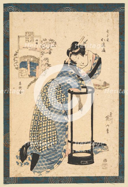 Bijin in front of a Maruandon, dressed in yukata. Creator: Eizan, Kikukawa (1787-1867).