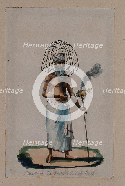 A priest with a protective cage (?) covering his head, holding a stick..., (between 1800 and 1899?). Creator: Unknown.