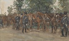 Hussars standing next to their horses by the side of the road, c.1867-c.1923. Creator: George Hendrik Breitner.