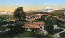The barracks with distant snow-capped mountains, Chakrata, India, early 20th century. Artist: Unknown