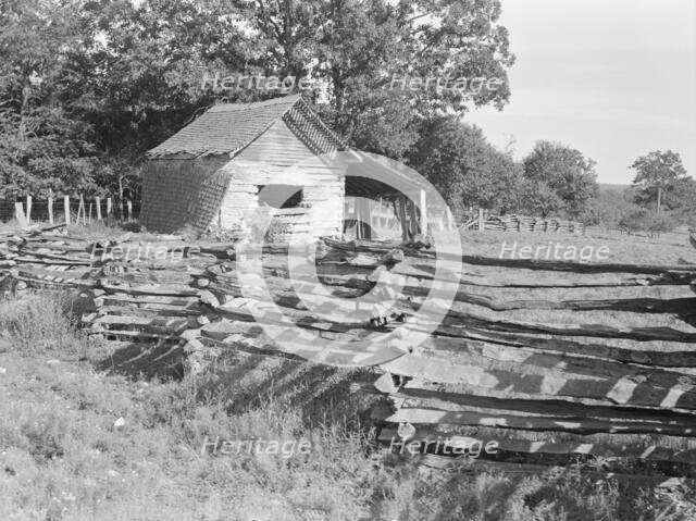 Split-log fence, North Central Arkansas along U.S. 62, 1938. Creator: Dorothea Lange.
