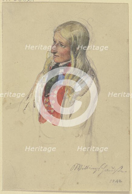 Bust of a young blonde peasant woman in a red vest and white skirt, 1842. Creator: Jakob Dielmann.