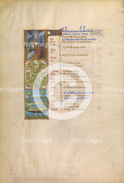 February Calendar Page; Keeping Warm; Pisces; Katherine Hours, about 1480-1485. Creator: Unknown.