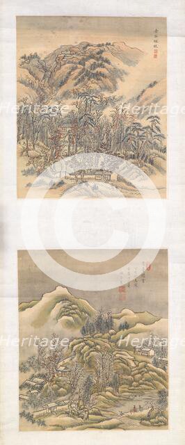 Two landscape album leaves on single mount, 1817. Creator: Xue Hui.