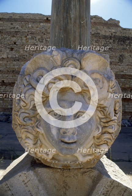 Head of Medusa in the Severan forum of the ancient Roman city of Leptis Magna, Libya. 
