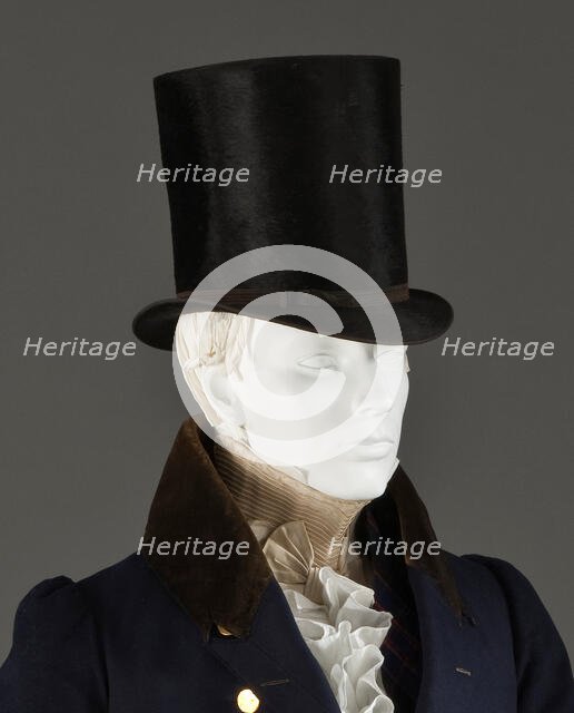 Man’s tailcoat, probably England, 1825-1830, Stock: c.1830, Top hat: c.1815. Creator: Unknown.