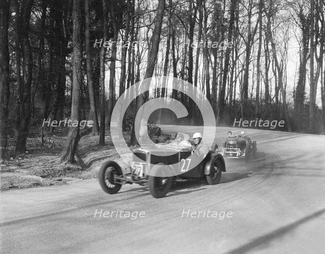 Frazer-Nash of PF Jucker leading J Eason-Gibson's Riley Brooklands, Donington Park, 1933. Artist: Bill Brunell.