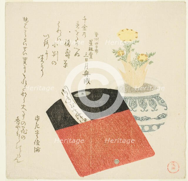 Coin Pouch and Potted Adonis, Japan, c. 1802. Creator: Kubo Shunman.