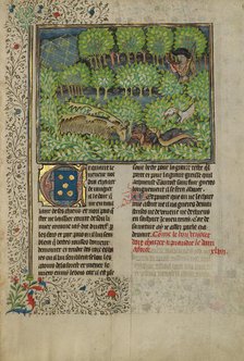 A Hunter and Dogs Pursuing Reindeer; Livre de la Chasse, about 1430-1440. Creator: Unknown.