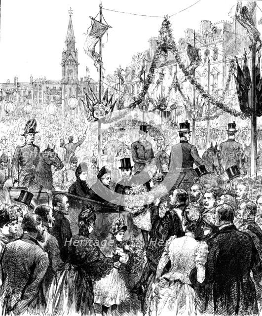 Visit of the Queen to Waddesdon Manor...: receiving a bouquet in the Market Square, Aylesbury, 1890. Creator: R. Taylor.