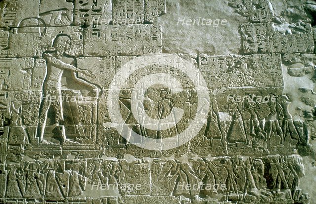 Relief of Rameses III receiving tribute, Mortuary Temple, Medinat Habu, Egypt, c12th centuryBC. Artist: Unknown