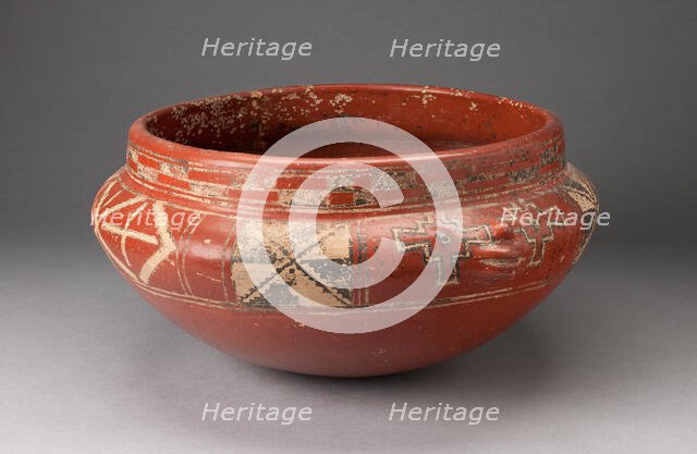 Polychrome Bowl with Geometric Designs and Face in Relief on Shoulder, c. 400 B.C. Creator: Unknown.