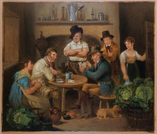 Interior with two men playing cards and four other figures. Creator: Stephen Jenner.