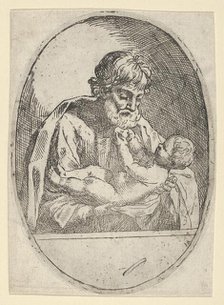 Saint Joseph holding the infant Christ, who raises up his hands, an oval composit..., ca. 1600-1660. Creator: Anon.