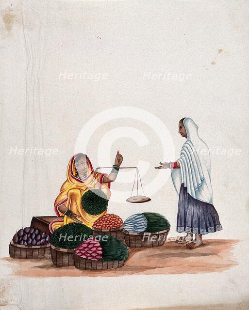 A woman weighing vegetables for a female customer, (between 1800 and 1899?). Creator: Unknown.