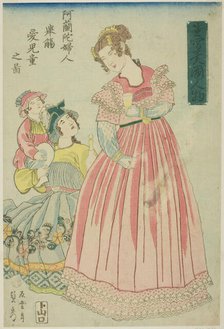 Dutch Woman Making a Toast to Her Children (Oranda fujin kyosho aijido no zu), from the se..., 1860. Creator: Sadahide Utagawa.
