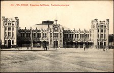 Valencia North Station, main façade, postcard, 1915s.