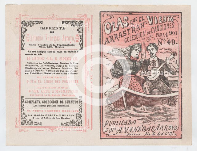 Cover for 'Olas que el Viento Arrastran para 1901', a man serenading a woman in a row ..., ca. 1901. Creator: José Guadalupe Posada.