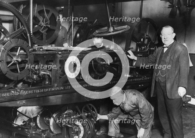 Maintenance workers with the Great Clock of Westminster, London, c1900-1919(?). Artist: Unknown
