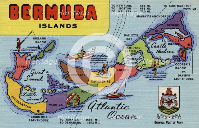 Postcard map of Bermuda, 1940. Artist: Unknown