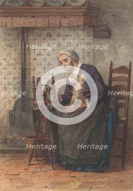 Old woman in interior at spinning wheel, 1878. Creator: Hendrik Valkenburg.