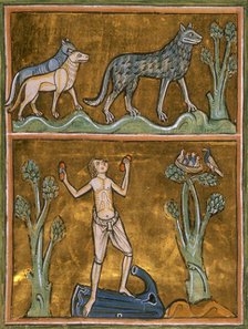 Wolves and semi-naked man, c1230.  Creator: Unknown.