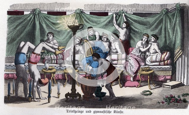 Ancient History. Greece. Scene of a banquet and gymnastic games. German engraving, 1865.
