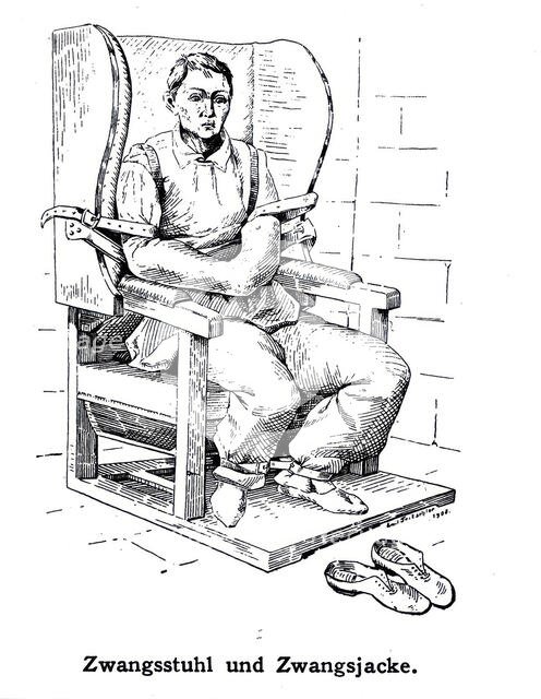 A mental ill patient in a straight jacket and strapped into a chair, 1908. Creator: Unknown.