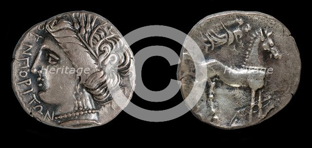 Drachma from Emporion. Obverse: Head of Persephone, 3rd cen. BC. Artist: Numismatic, Ancient Coins  