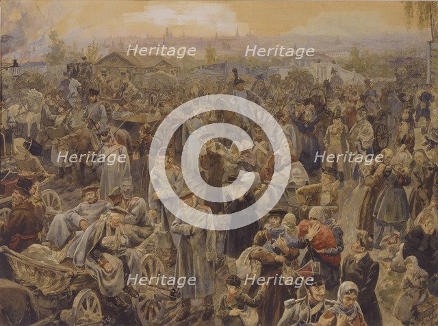 The withdrawal of Russian troops from Moscow in 1812, 1907. Artist: Lebedev, Vasili Petrovich (1880-?)