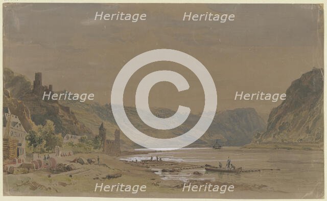 View of Sankt Goarshausen with Maus Castle, the Lorelei Rock in the background, 1853. Creator: Carl Morgenstern.