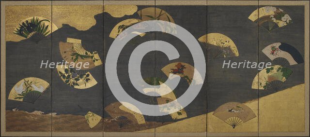 Fans and clouds over rocks and water, Edo period, early 17th century. Creator: Hon'ami Kôetsu.