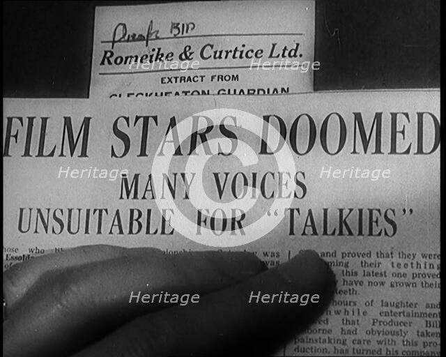 A Shot of the Film Weekly. Headline Reads: 'Film Stars Doomed. Many Voices Unsuitable for..., 1929. Creator: British Pathe Ltd.