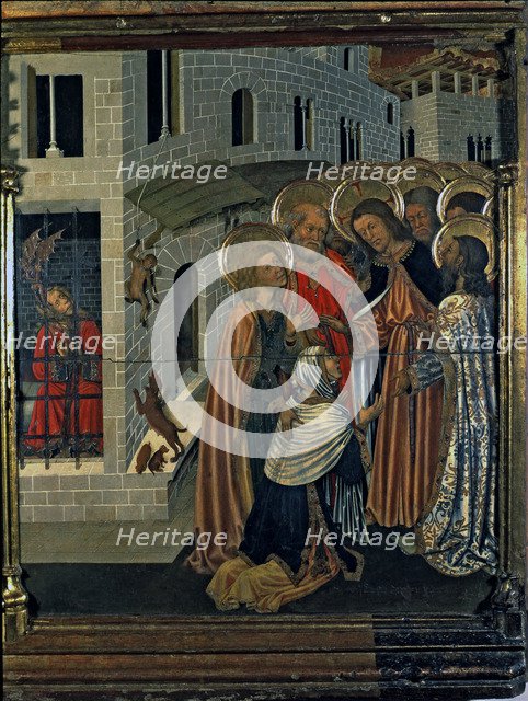 Altarpiece of the Transfiguration, detail 'Healing the possessed' in the Table of the predella, 1…