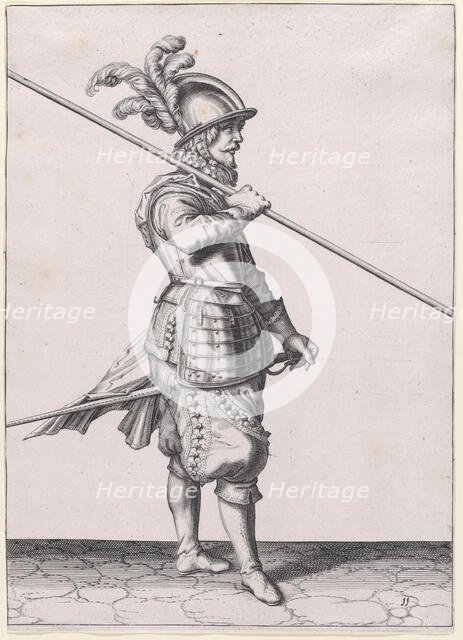 A soldier carrying his pike at the slope, from the Lansquenets series, plate 11,..., published 1608. Creator: Robert Willemsz de Baudous.