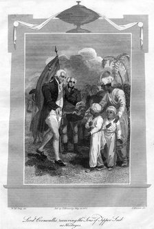Lord Cornwallis (1738-1805) receiving the sons of Tippoo Saib as hostages, 1816.Artist: I Brown