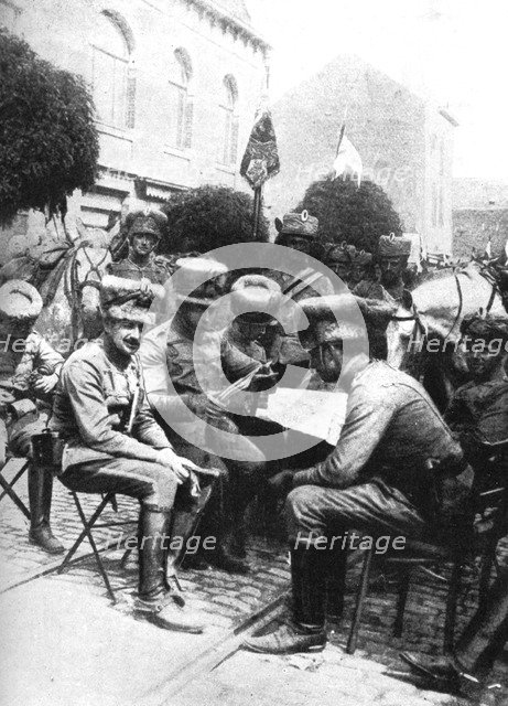 Officers in the Hussars, Chaussee de Louvain, Brussels, First World War, 1914. Artist: Unknown