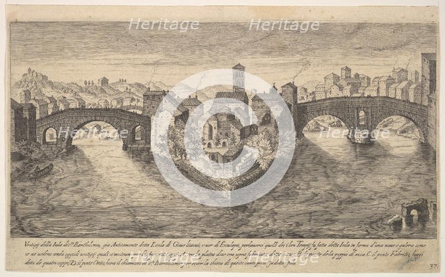 Plate 37: view of the church of San Bartolomeo all'Isola on Tiber Island, Rome, flanked by..., 1606. Creator: Aegidius Sadeler II.