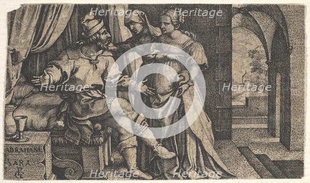 Sarah presenting Hagar to Abraham, who sits at the foot of a bed, from the series 'The..., ca. 1543. Creator: Georg Pencz.