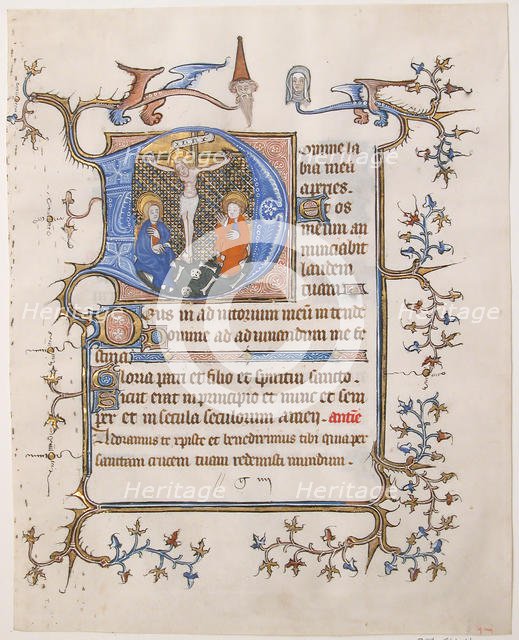 Manuscript Leaf with the Crucifixion in an Initial D, from a Book of Hours, ca. 1350. Creator: Unknown.