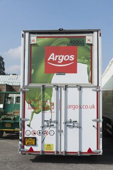 Rear of Argos lorry showing safety pictograms 2016. Creator: Unknown.