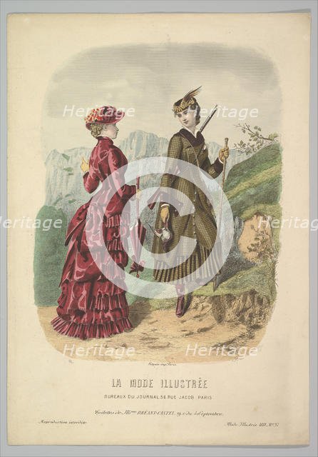 A Lady in a Hunting Costume with a Lady in Walking Costume on a Mountain Path from La Mode..., 1881. Creator: Adèle-Anaïs Colin.