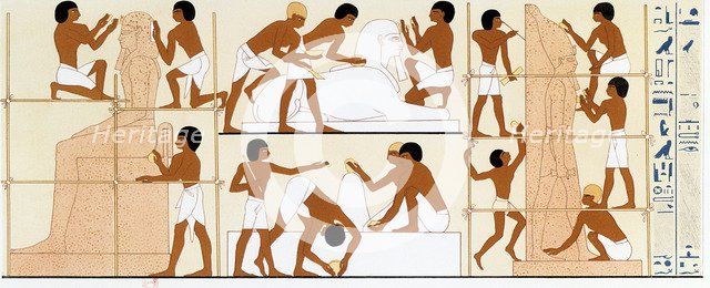 Ancient Egyptian sculptors working on statues, c1842-1845. Artist: Unknown