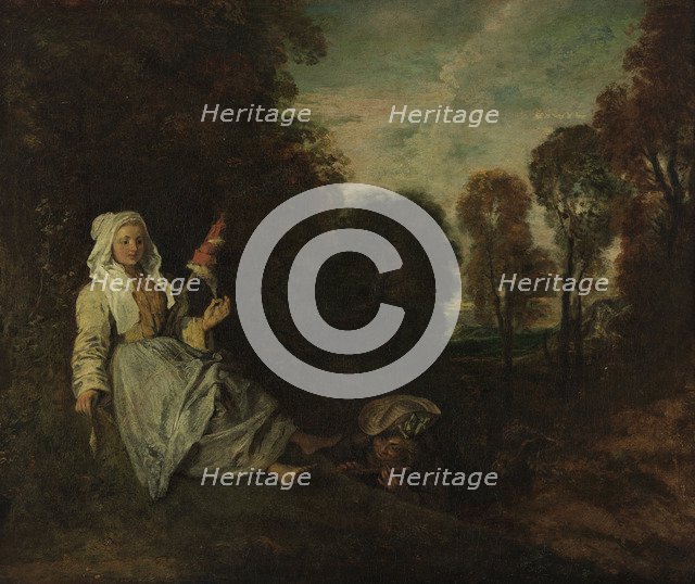 Evening Landscape with Spinner, ca 1715. Artist: Watteau, Jean Antoine (1684-1721)