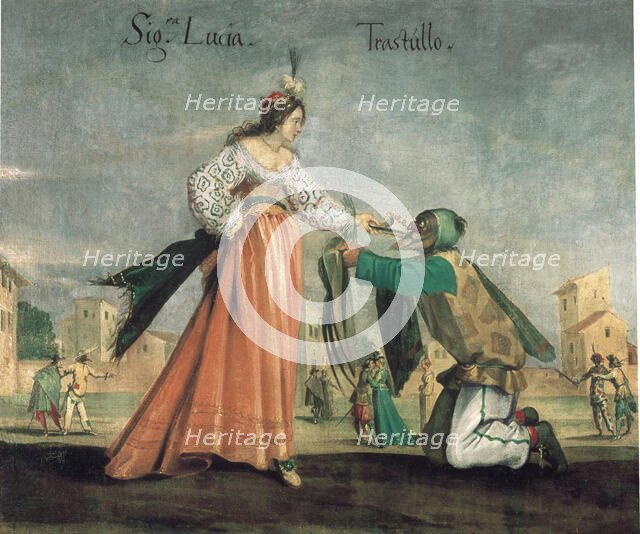 Scene from the Commedia dell'Arte: Signora Lucia and Trastullo. Creator: Anonymous.
