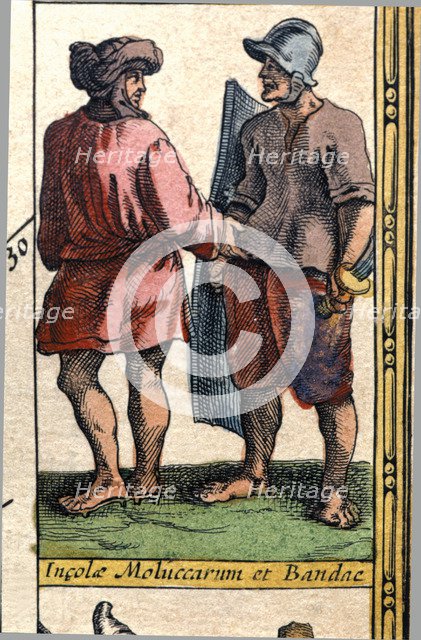 Types from the Moluccas and Banda, colored engraving from the book 'Le Theatre du monde' or 'Nouv…